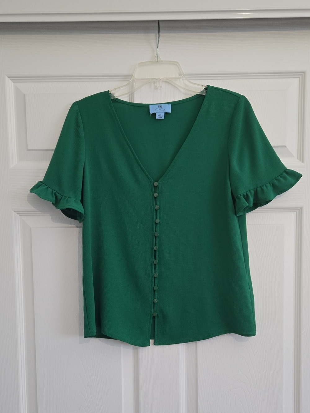 CeCe Emerald Green V-Neck Button Front Ruffle Sleeve Blouse